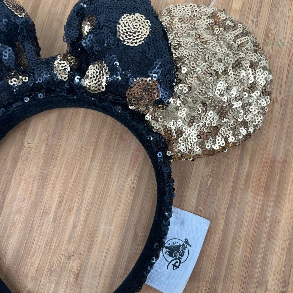 Disney Parks Black Gold Polka Dot Minnie Mouse Bow Sequins Ears‎ Headband Ears